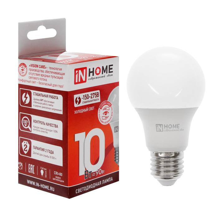 INhome Лампа светодиодная IN HOME LED-A60-VC, Е27, 10 Вт, 230 В, 6500 К, 950 Лм