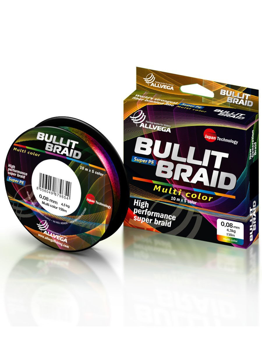 

Шнур плетёный Allvega Bullit Braid 150 м, мультиколор, 4,5 кг, Разноцветный