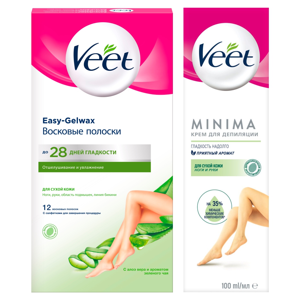 Набор Veet для сухой кожи Крем для депиляции Minima 100 мл Восковые полоски 12 шт в уп