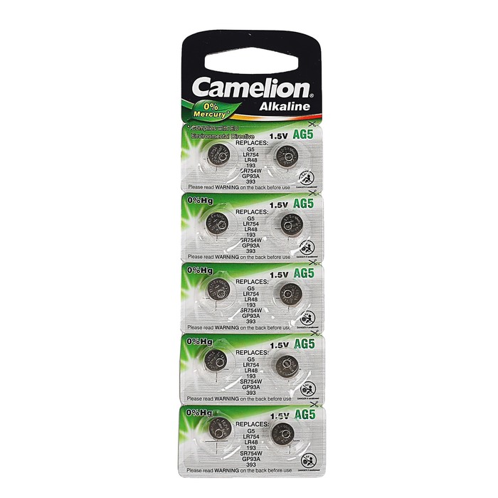 фото Батарейка алкалиновая camelion mercury free, ag5 (393, lr754)-10bl, 1.5в, блистер, 10 шт.