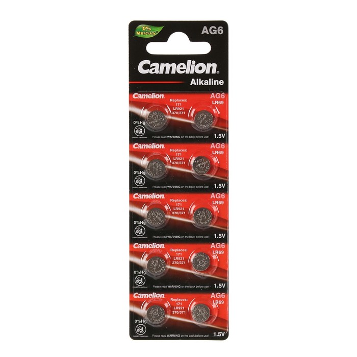 

Батарейка алкалиновая Camelion Mercury Free, AG6 (371, LR921)-10BL, 1.5В, блистер, 10 шт.