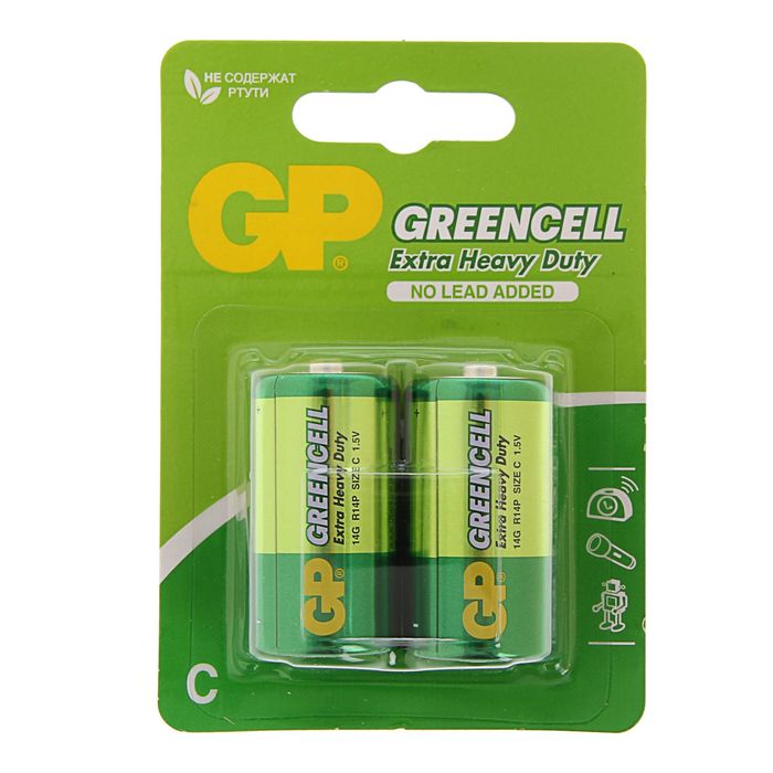 Батарейка солевая GP Greencell Extra Heavy Duty, С, R14-2BL, 1.5В, блистер, 2 шт. солевая батарейка jazzway