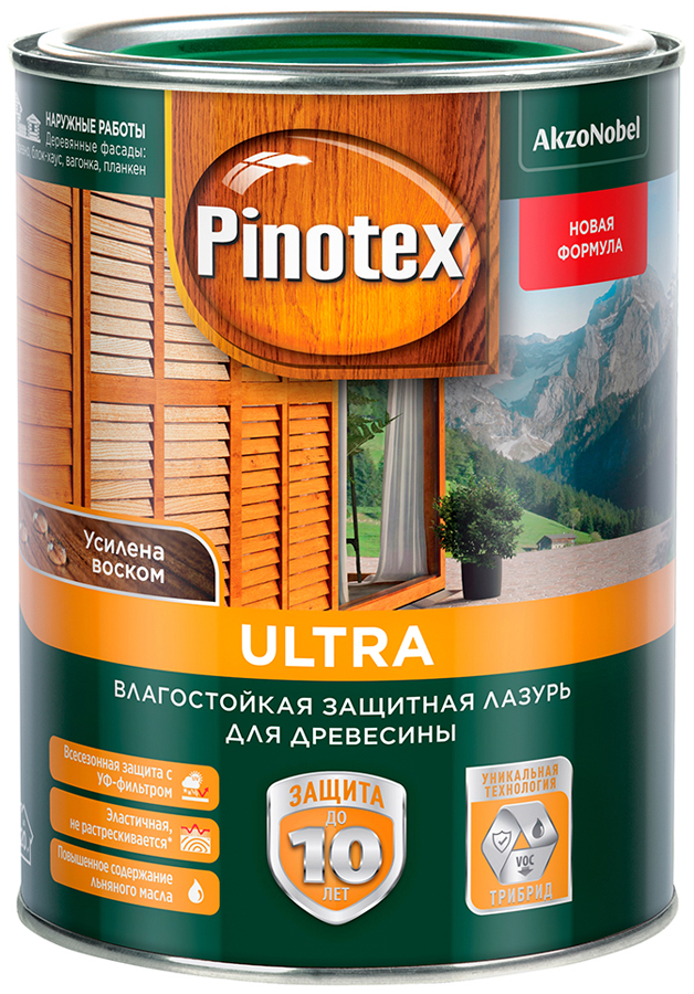

PINOTEX Ultra влагостойкая лазурь по дереву прозрачная под колеровку (1л)