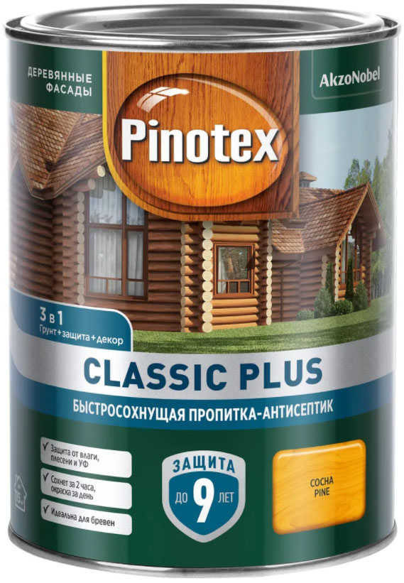 фото Pinotex classic plus декоративная пропитка по дереву быстросохнующая сосна (0,9л)