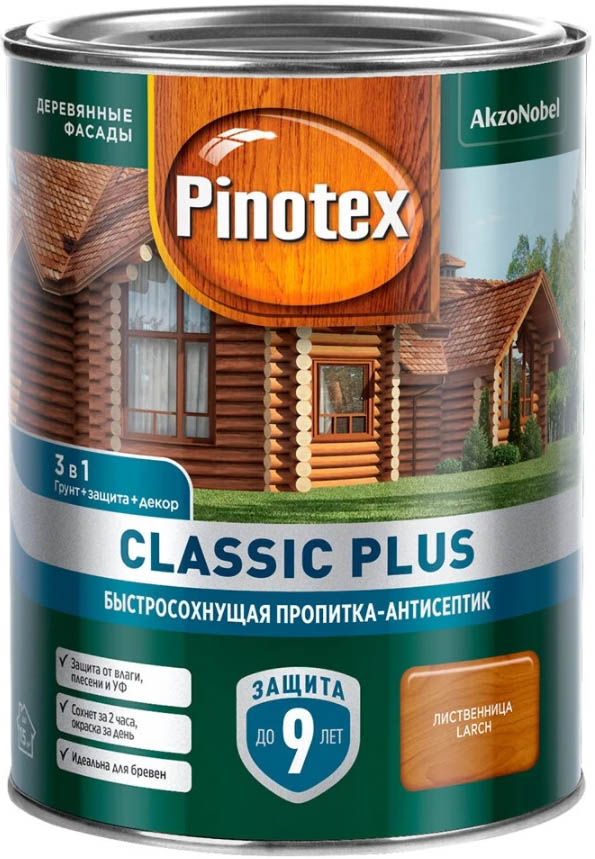 фото Pinotex classic plus декоративная пропитка по дереву быстросохнующая лиственница (0,9л)