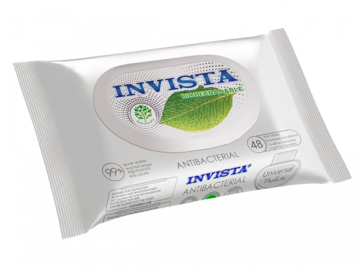 Влажные салфетки Invista Bio White антибактериальные c клапаном, 48 штук