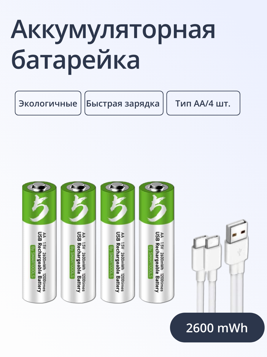 Батарейки пальчиковые Run Energy перезаряжаемые Тип АА емкость 2600 mWh 4 шт 1382₽