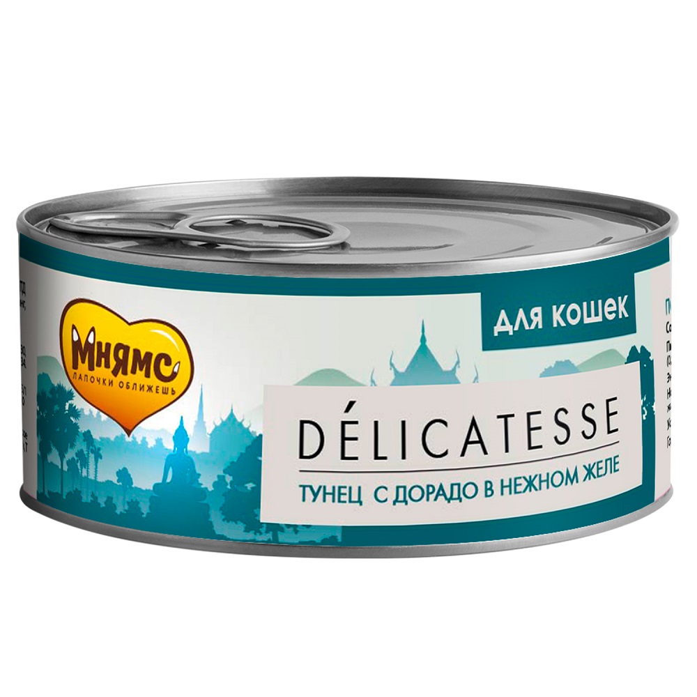 

Консервы для кошек Мнямс Delicatesse, тунец, дорадо, в нежном желе, 12шт по 70г, Деликатес