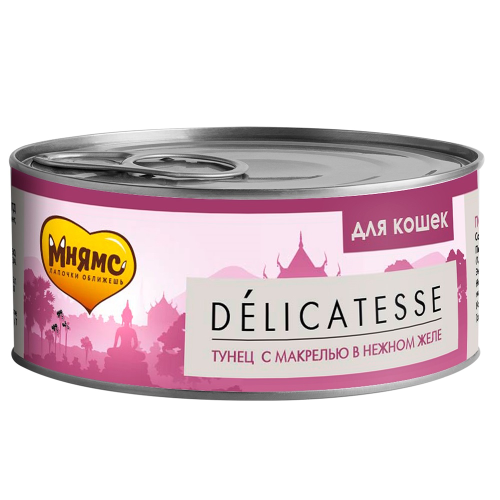 

Консервы для кошек Мнямс Delicatesse в нежном желе, тунец, макрель, 12шт по 70г, Деликатес