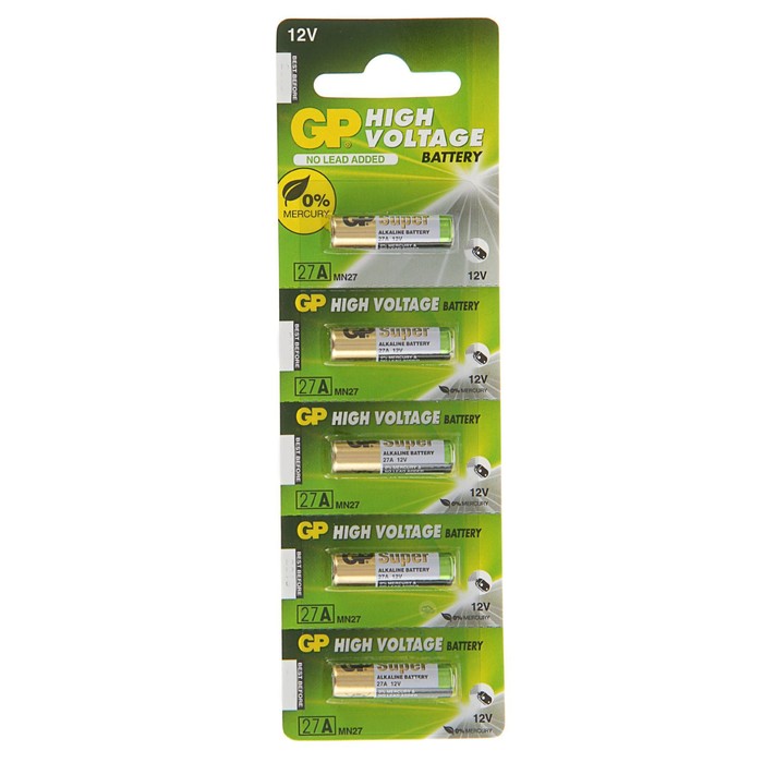 

Батарейка алкалиновая GP Mercury Free, А27 (27A, MN27)-5BL, 12В, блистер, 5 шт.