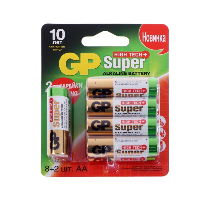 

Батарейка алкалиновая GP Super High Tech, AA, LR6-10BL, 1.5В, блистер, 10 шт.