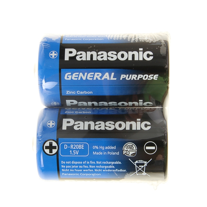 

Батарейка солевая Panasonic General Purpose, D, R20-2S, 1.5В, спайка, 2 шт.