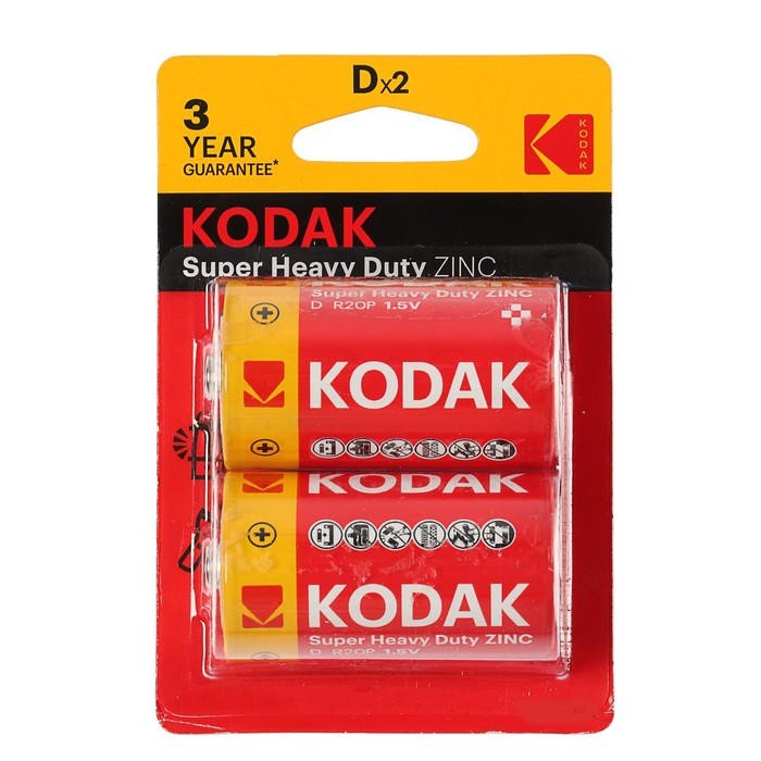 

Батарейка солевая Kodak Super Heavy Duty, D, R20-2BL, 1.5В, блистер, 2 шт.