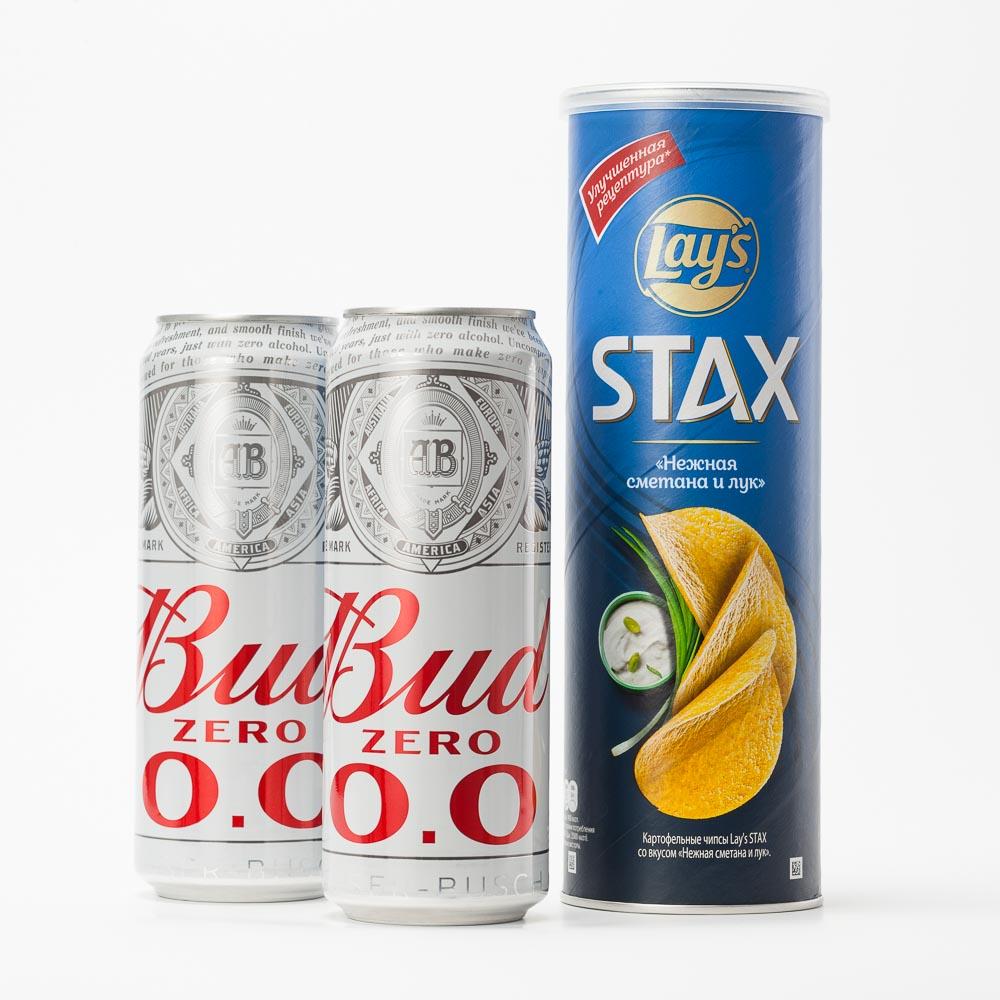 фото Набор болельщика lay’s stax нежная сметана и лук, 140 г+bud 0,5%, alco free, 450 мл, 2шт. lay's