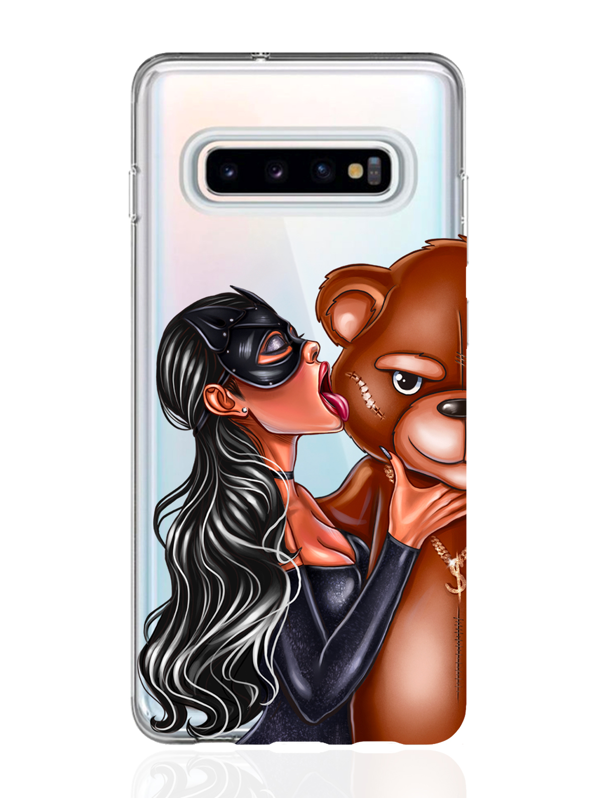 

Чехол MustHaveCase для Samsung Galaxy S10 Кошечка брюнетка и мишка прозрачный, Samsung Galaxy S10 Кошечка брюнетка и мишка