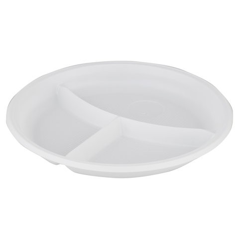 фото Одноразовые тарелки плоские, 3 секции, комплект 100 шт., d =205 мм, белые, пс, стиролпласт