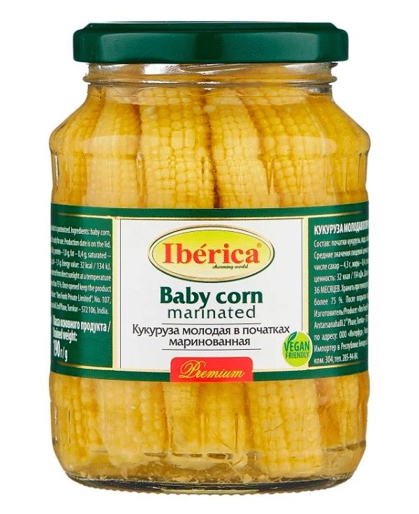 Кукуруза Iberica Baby corn, молодая, в початках, маринованная, 370 мл