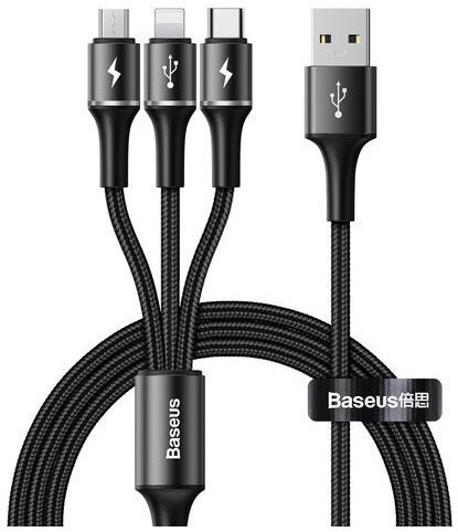 фото Кабель baseus halo 3-in-1 cable usb - micro-usb + lightning + type-c 3.5 a 1.2 м, черный