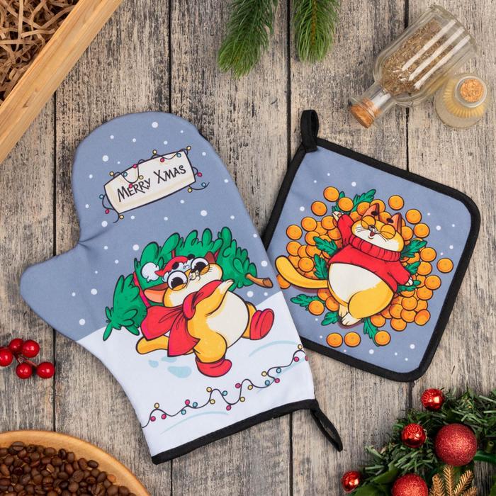 

Новогодний набор кухонный Merry Xmas, варежка-прихватка 20х28см, прихватка 17х17см, 35% х/, Голубой;оранжевый