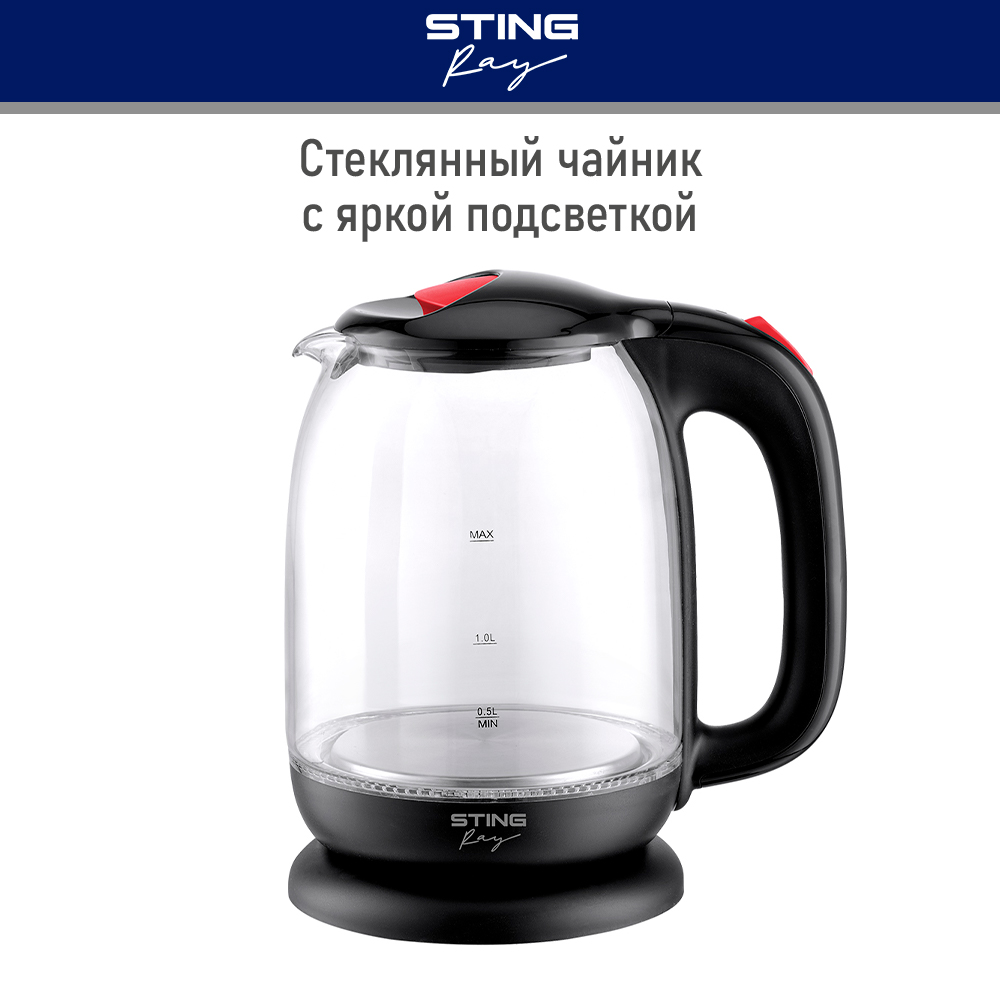 Чайник электрический StingRay ST-KT3005A 1.7 л красный, прозрачный, черный