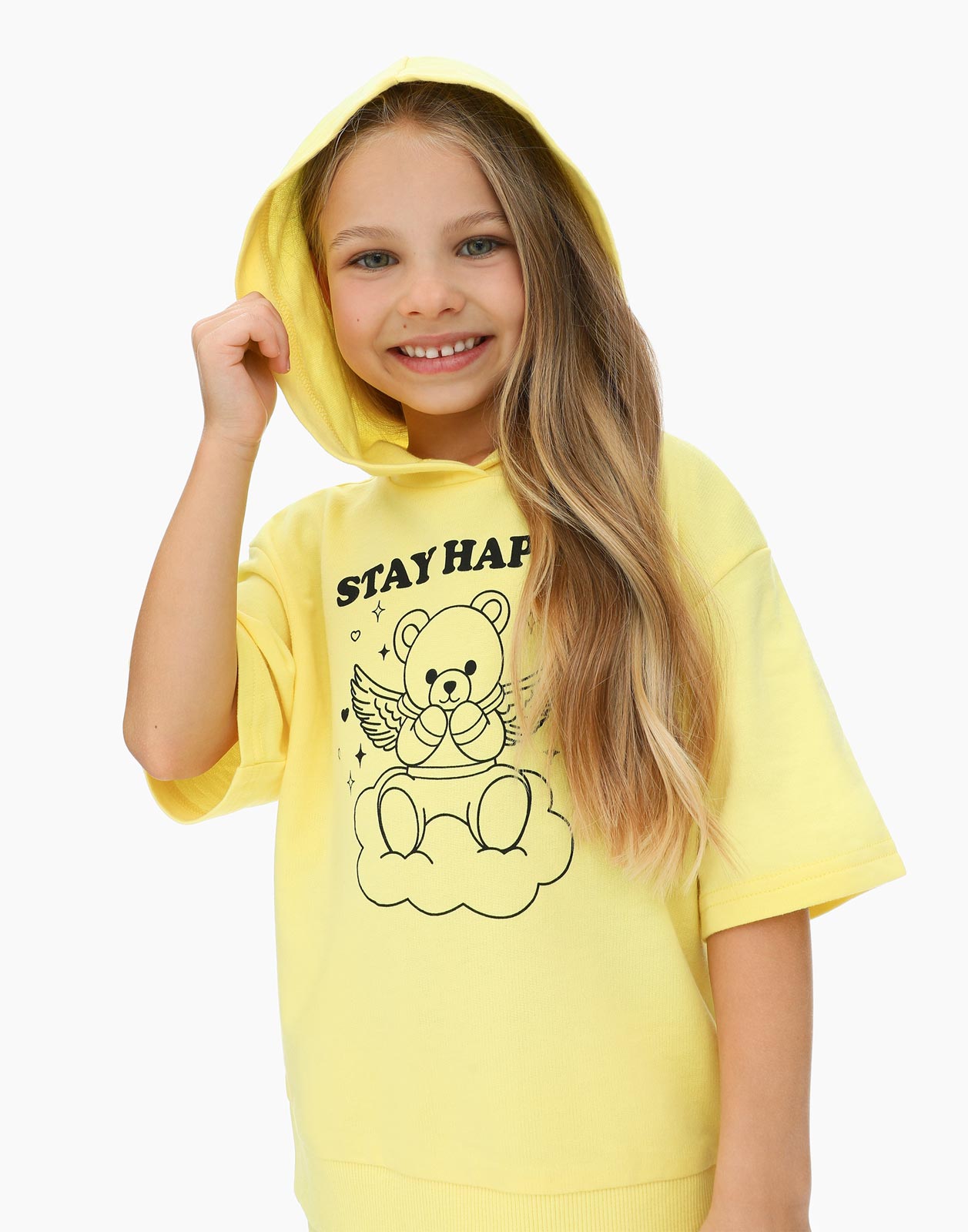 Жёлтое худи Stay Happy с коротким рукавом для девочки 4-5л/110