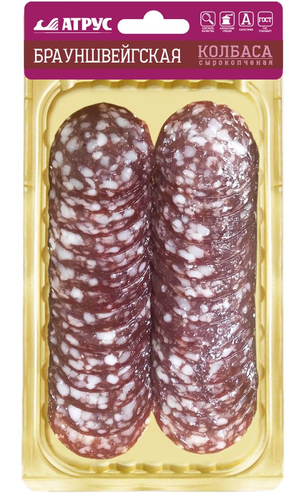 

Колбаса сырокопченая Атрус Брауншвейгская, полусухая, в нарезке, категория А, 100 г