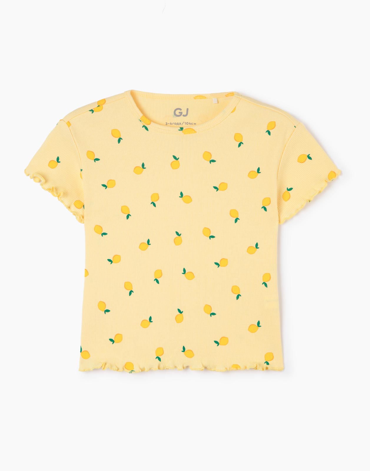 Жёлтая футболка в рубчик с принтом для девочки 4-5л/110