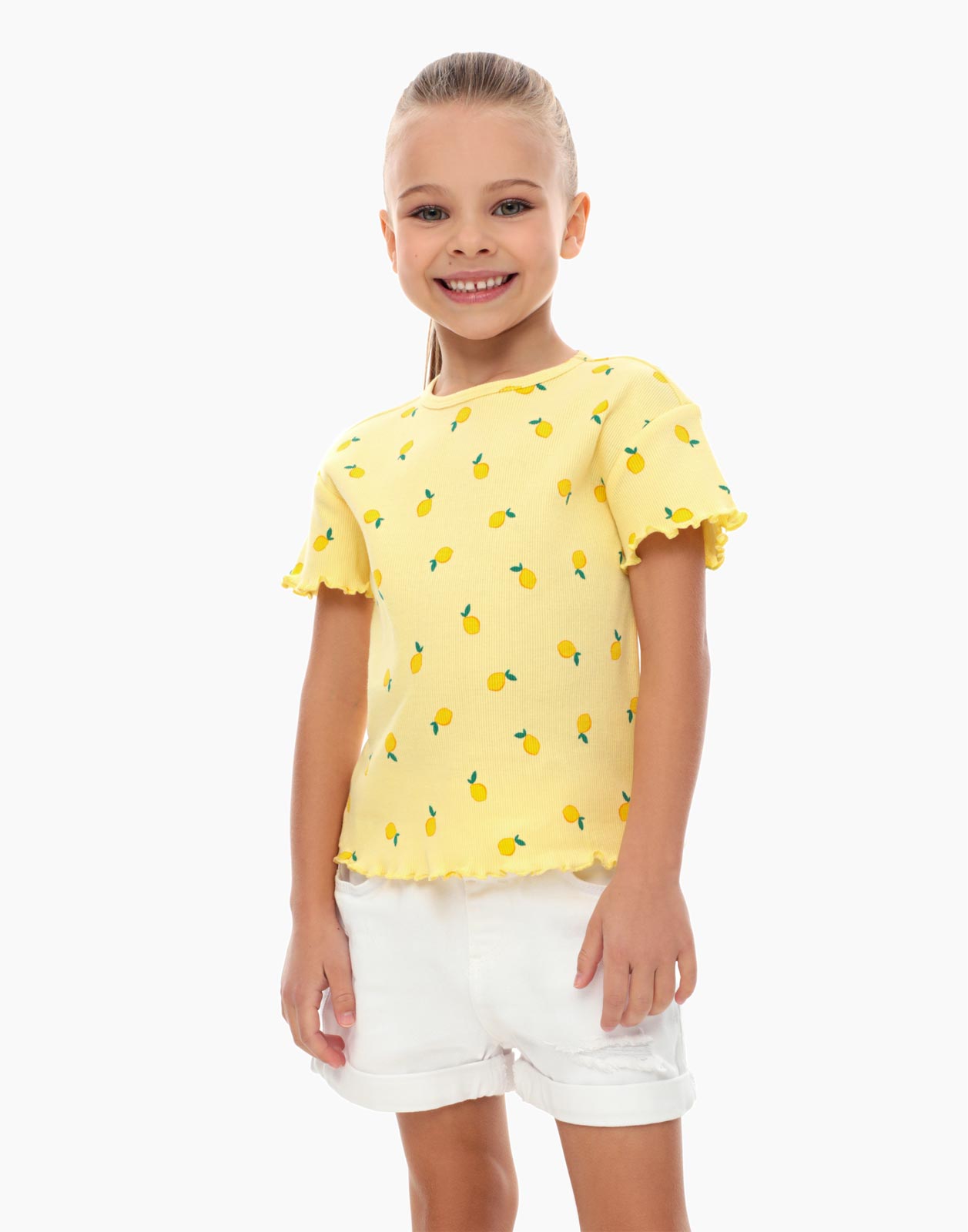 Жёлтая футболка в рубчик с принтом для девочки 3-4г/104