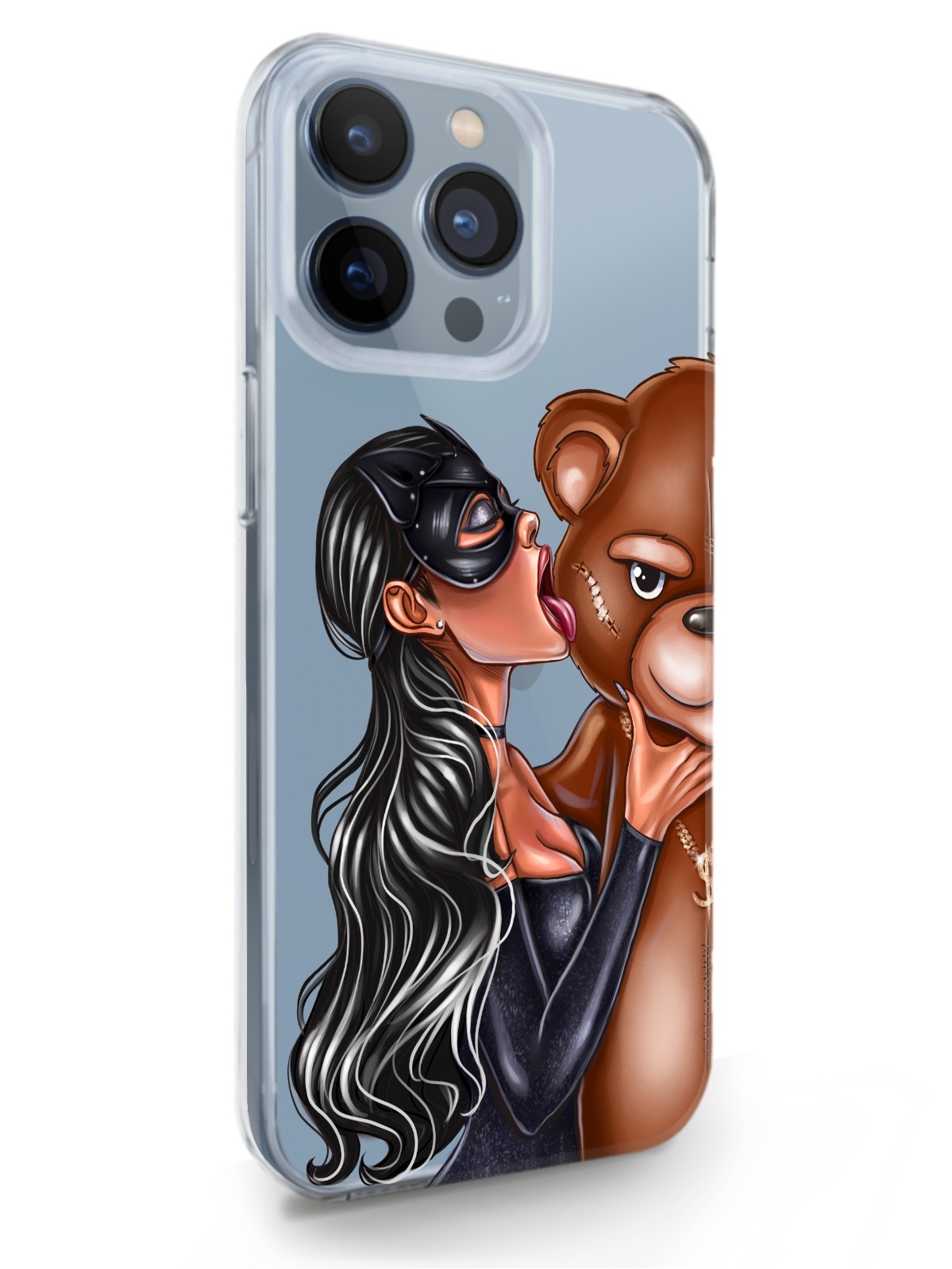 фото Чехол musthavecase для iphone 13 pro max кошечка брюнетка и мишка прозрачный