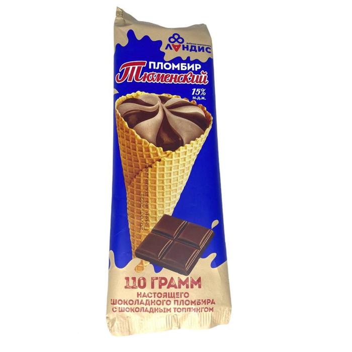 

Мороженое Тюменский пломбир шоколадное, с шоколадным топпингом, рожок, 15%, 110 г