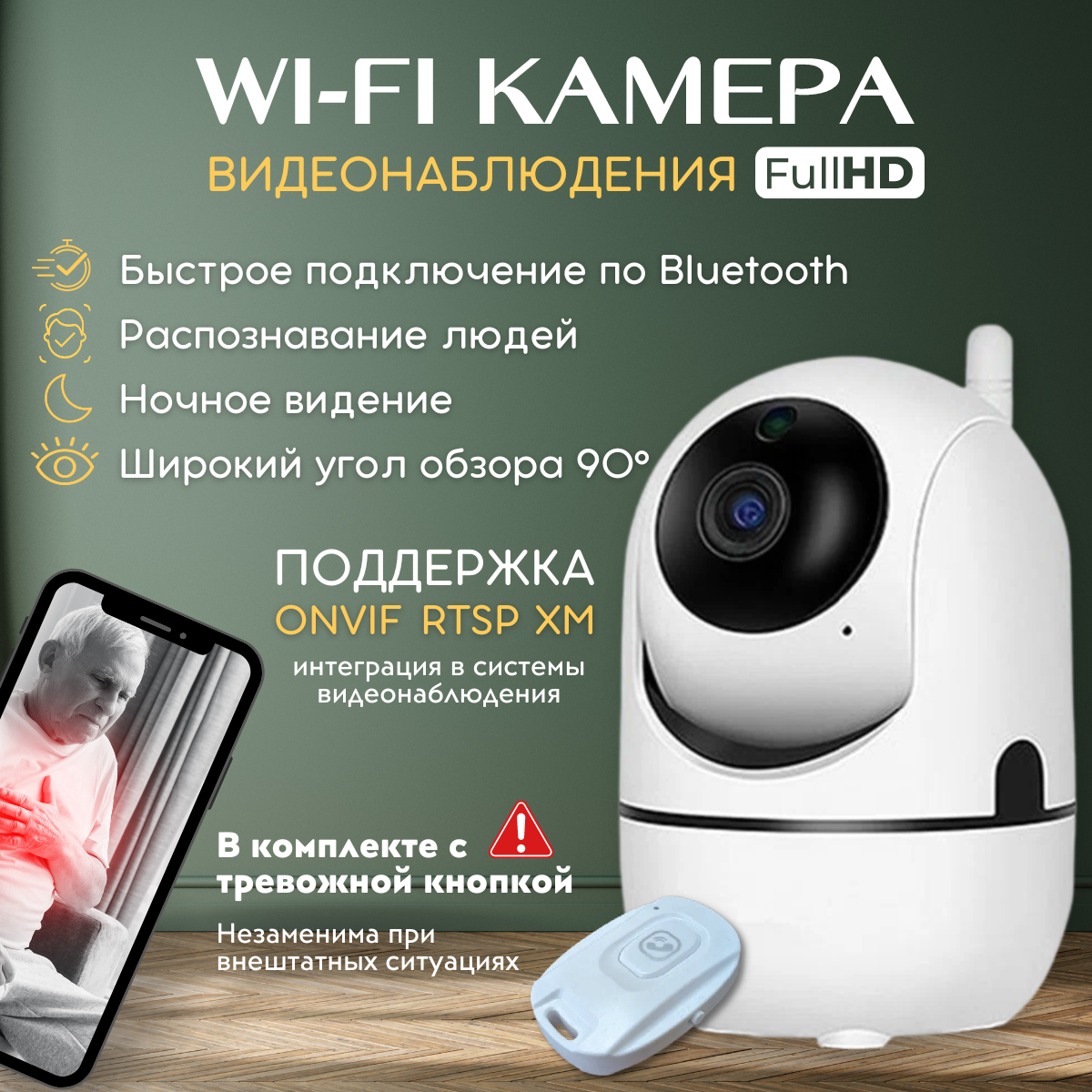 

Умная мини камера видеонаблюдения wi-fi для дома ProMARKIN CamButton, Белый, Домашняя камера видеонаблюдения