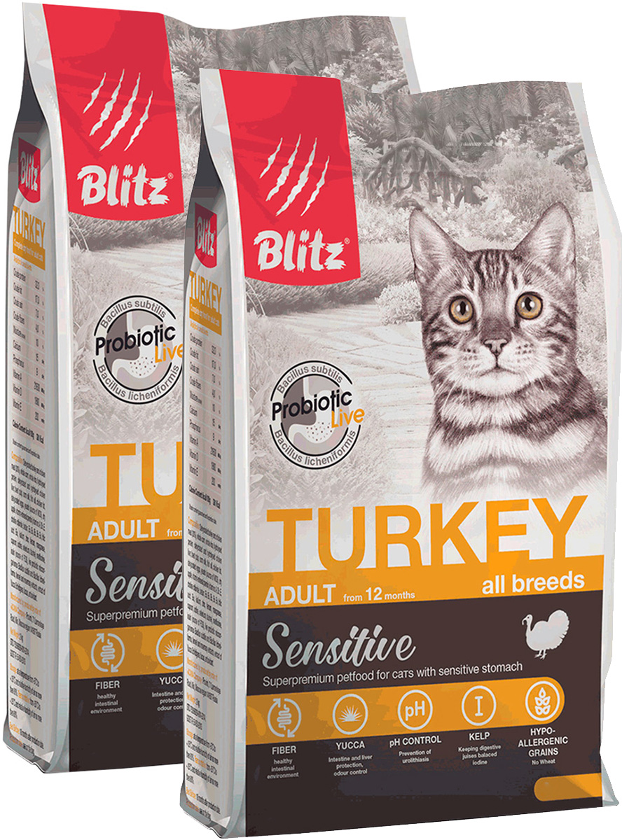 

Сухой корм для кошек Blitz Sensitive Adult Cat Turkey с индейкой, 2 шт по 0,4 кг