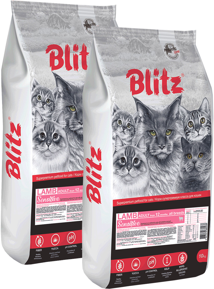 

Сухой корм для кошек Blitz Sensitive Adult Cat Lamb с ягненком, 2 шт по 10 кг