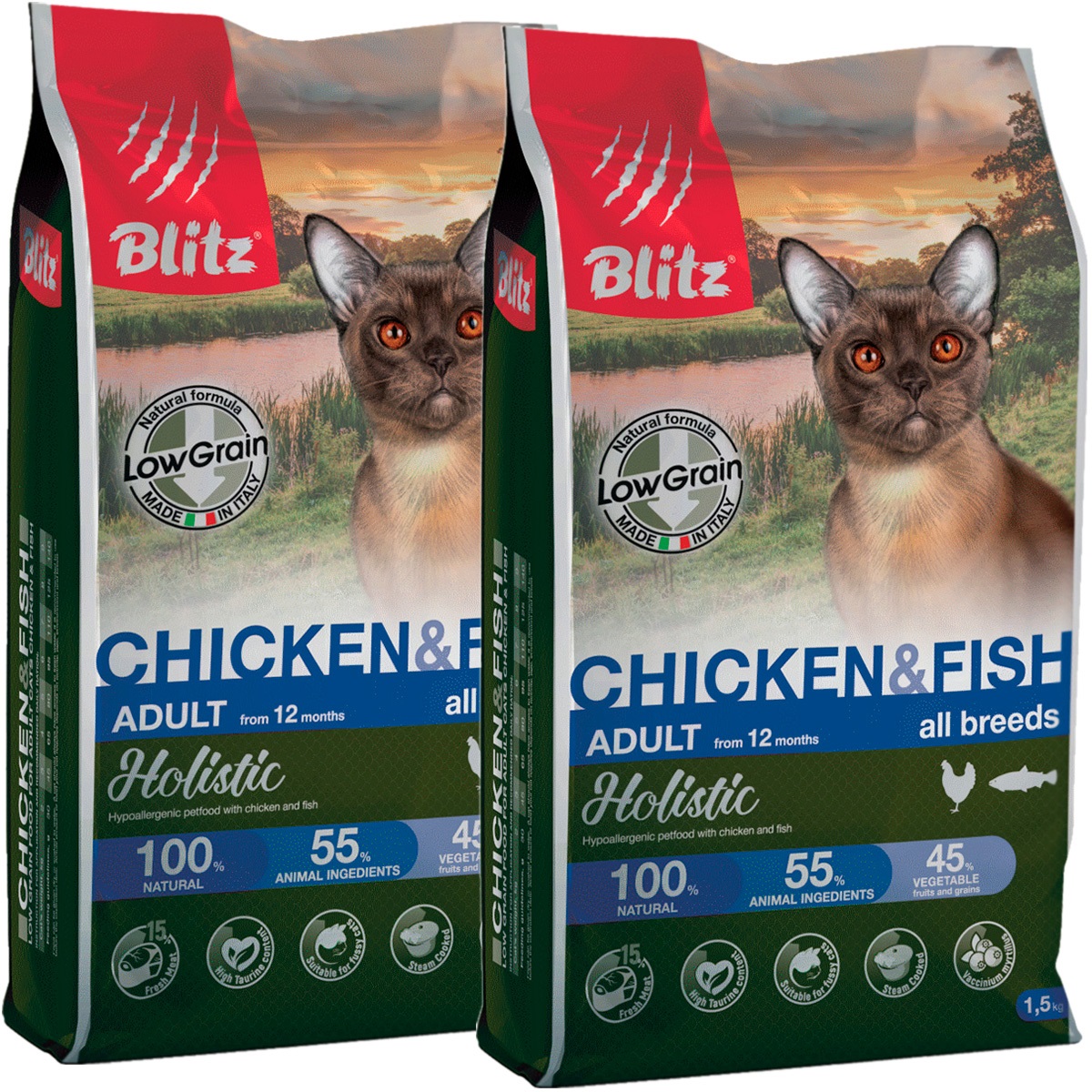 

Сухой корм для кошек BLITZ HOLISTIC LOW-GRAIN ADULT CAT курица, рыба, 2 шт по 1,5 кг