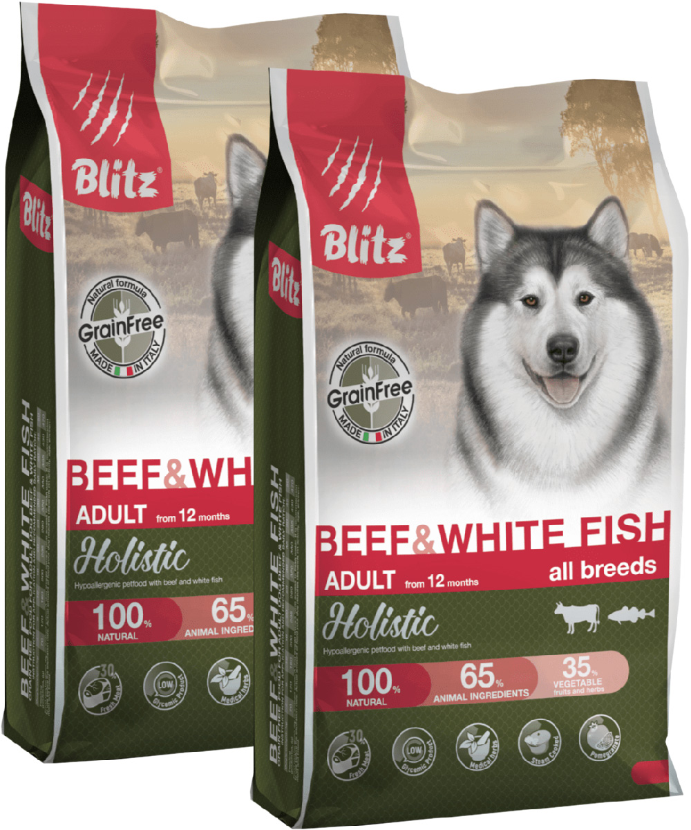 

BLITZ BLITZ HOLISTIC GRAIN FREE ADULT BEEF & WHITE FISH беззерновой для взрослых собак все