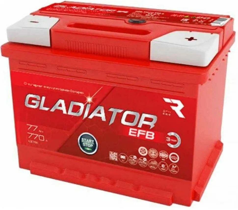 Аккумулятор GLADIATOR EFB 77 Ah, 770 A, 276x175x190 прям.