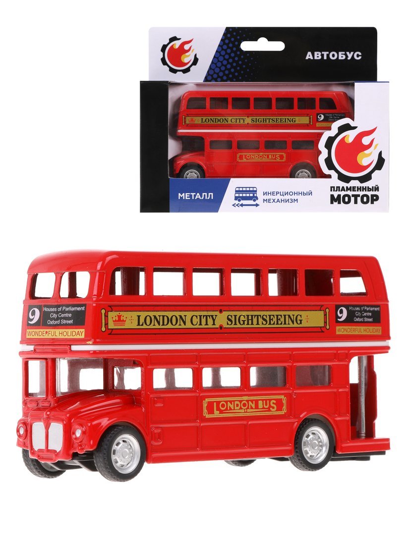 фото Лондонский двухэтажный автобус пламенный мотор металлический, инерционный, 870829