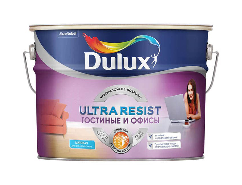 фото Краска для стен и потолков dulux ultra resist для гостиной и офиса матовая bw 10л