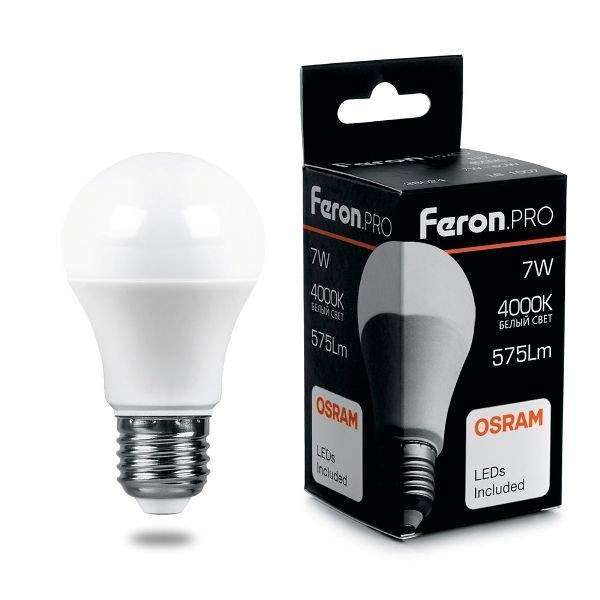 фото Лампочка feron.pro a60 e27 7w(575lm) 4000k 4k матовый 100x55 osram led lb-1007 38024