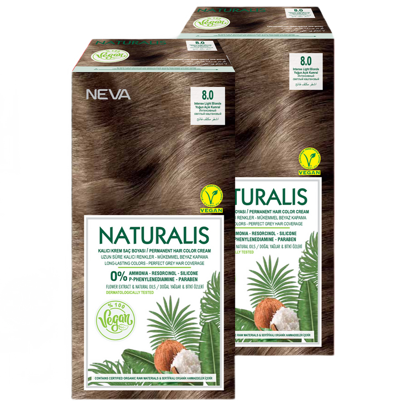 крем краска для волос neva natural colors 12 00 интенсивный натур супер осветляющий Стойкая крем-краска для волос Neva Naturalis Vegan 8.0 Интенсивный светлый каштановый 2 шт