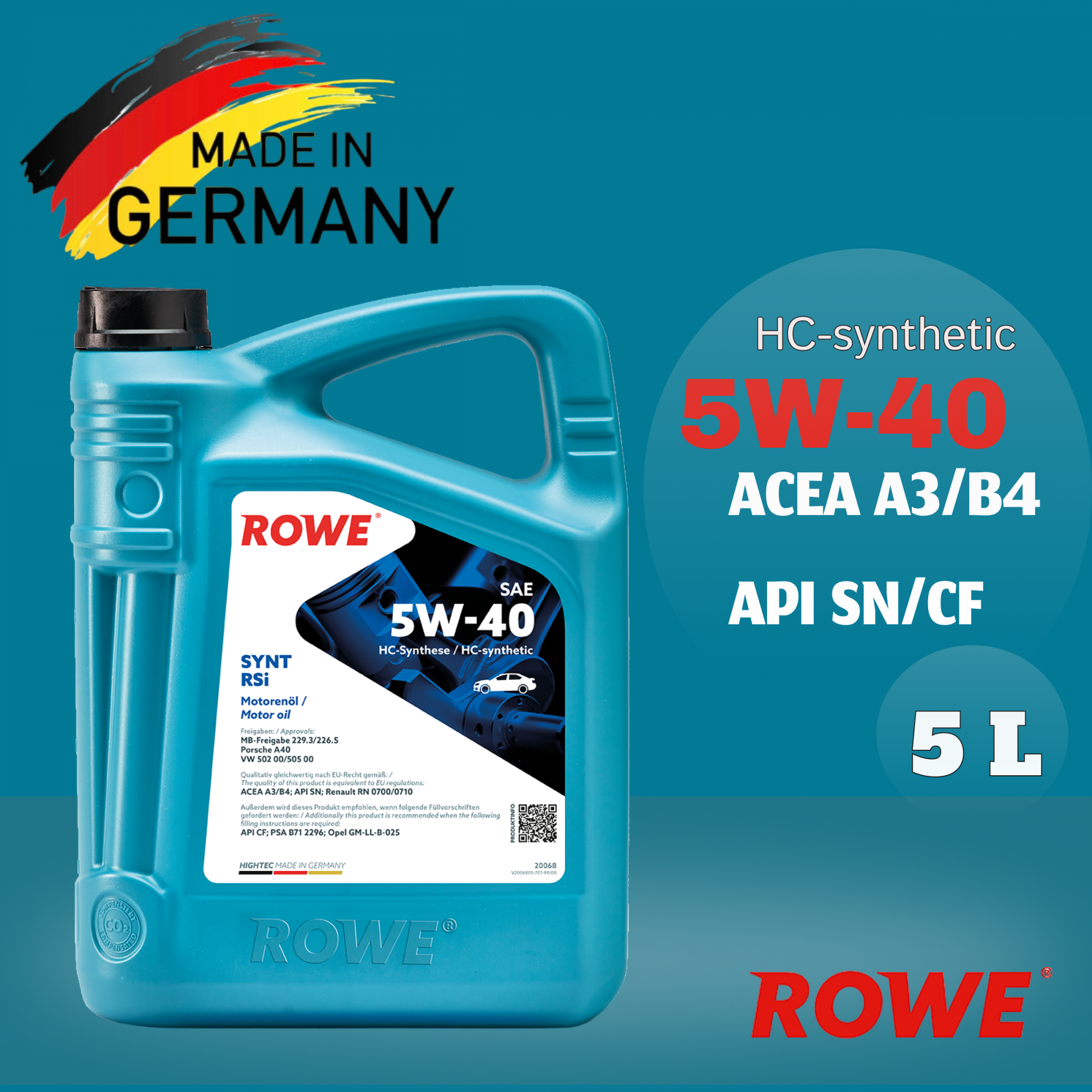 

Моторное масло ROWE HIGHTEC SYNT RSI SAE 5W40 Синтетическое 5 литров, арт. 20068-0050-99, HIGHTEC SYNT RSI SAE 5W40