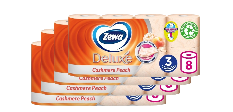 фото Туалетная бумага zewa deluxe персик, 3 слоя, 8 рулонов х 4 упаковки