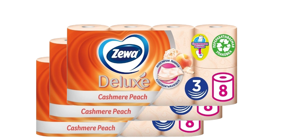 фото Туалетная бумага zewa deluxe персик, 3 слоя, 8 рулонов х 3 упаковки