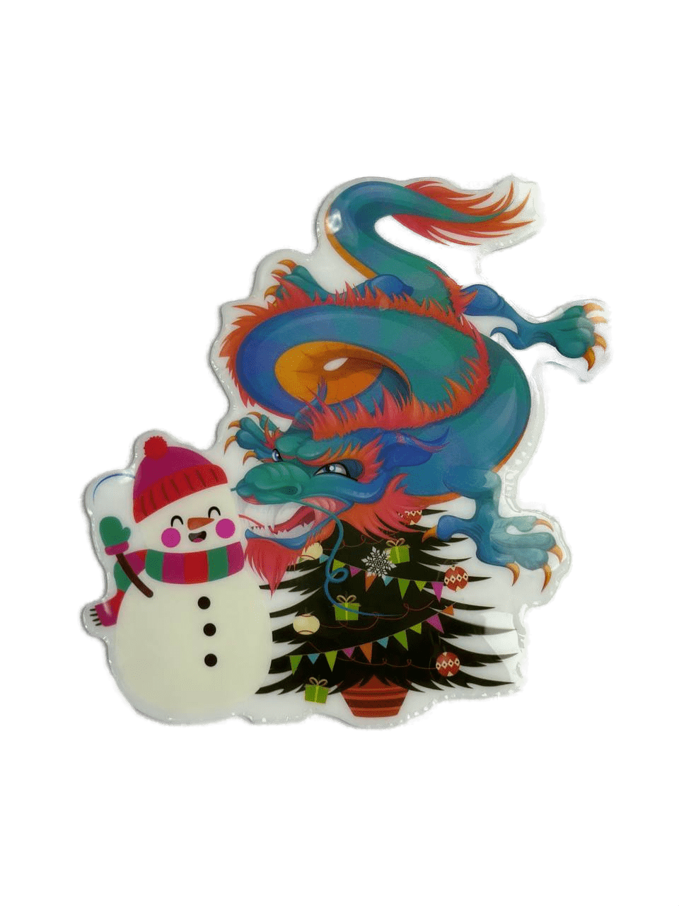 Новогодняя наклейка на окно Merry Christmas Лазурный Дракон со Снеговиком у ёлки 16419