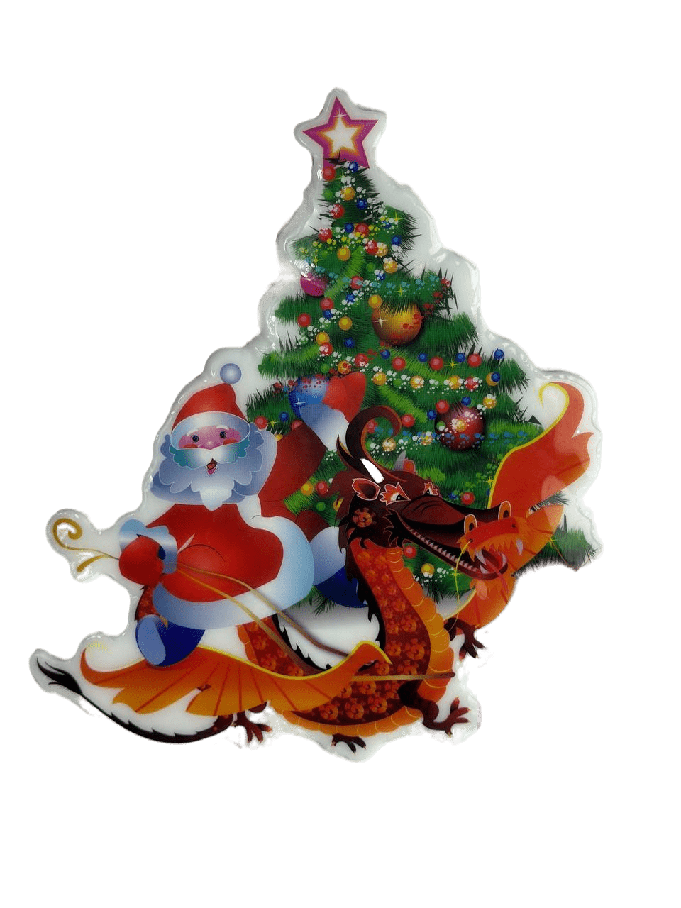 Новогодняя наклейка на окно Merry Christmas Дед Мороз в упряжке с Драконом у ёлки 16414