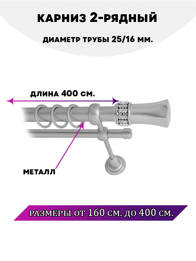 

Карниз металлический Lux Decor Гренада 2-рядный гладкий D-2516 мм Сатин 4 м, Серый, Гренада