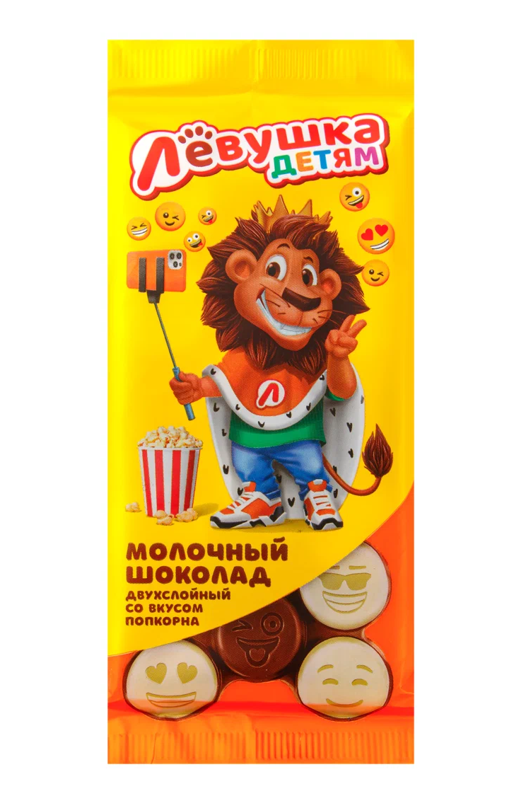

Шоколад Лёвушка детям двухслойный, молочный и белый, со вкусом попкорна, 14x85 г