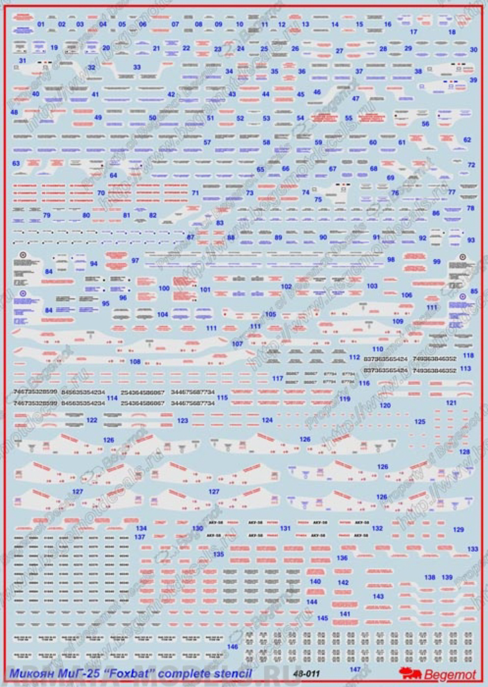 

48011 Декаль Микоян МиГ-25 технические надписи, Однотонный