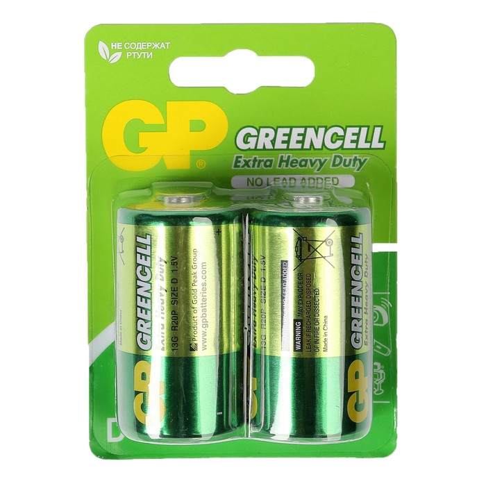 Батарейка солевая GP Greencell Extra Heavy Duty, D, R20-2BL, 1.5В, блистер, 2 шт. солевая батарейка jazzway