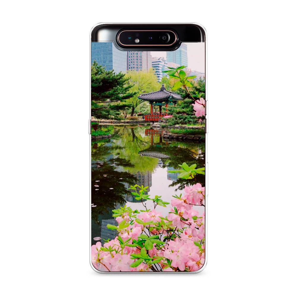 

Чехол на Samsung Galaxy A80 "Сакура возле озера", Зеленый;розовый;голубой, 28350-2